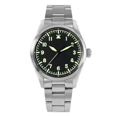 San Martin SN030-G-V2 39mm pilot with Type A black dial on steel bracelet