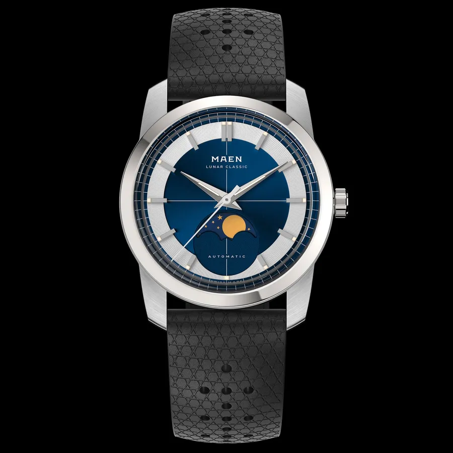 MAEN Lunar Classic 36 M7.1.2 with midnight blue dial and moonphase on black tropic strap