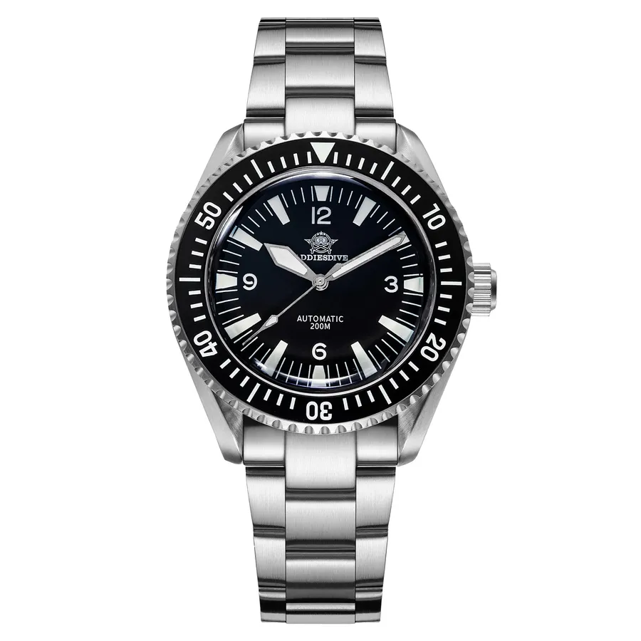 Addiesdive AD2056 with black 12-3-6-9 dial and lumed black ceramic bezel on the steel bracelet