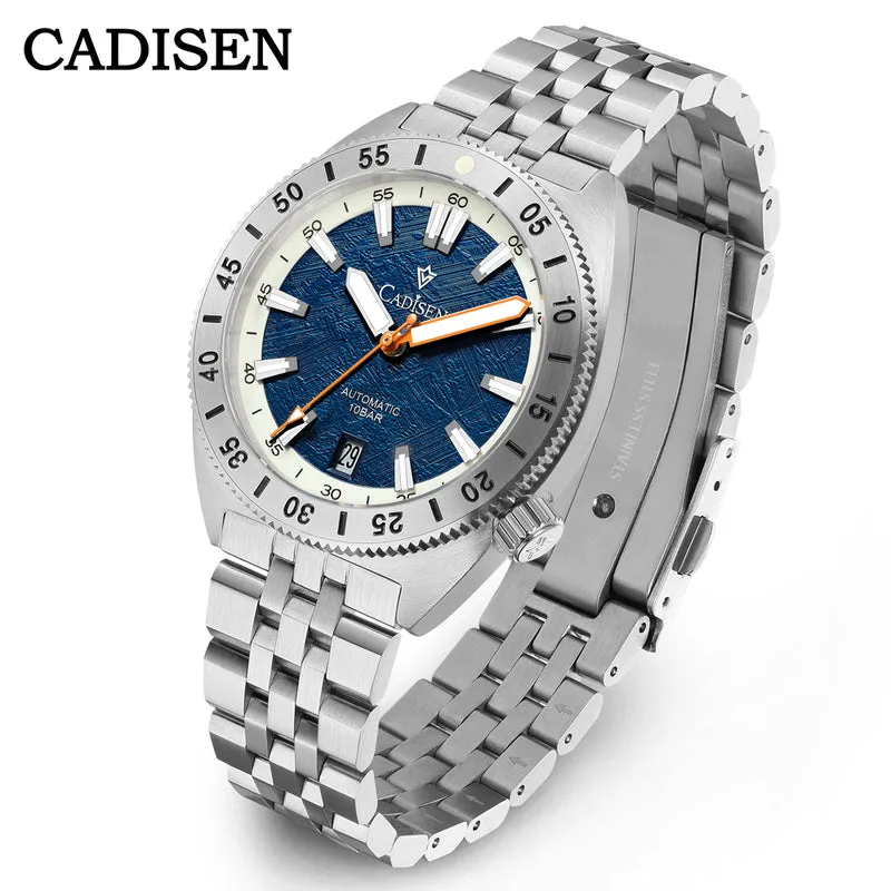 Cadisen C8231 automatic with blue meteorite-pattern dial, orange seconds hand, date at 6 and engraved 60-minute steel bezel on a jubilee-style bracelet