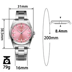 Addies AW25908 dimension graphic (31mm, 38.5mm lug-to-lug, 8.4mm, 16mm, 200mm, 79g)