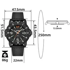 Addies MY-057 dimension graphic on the strap (47.5mm, 43.5mm bezel, 51.5mm, 13.8mm, 22mm, 250mm, 86g)