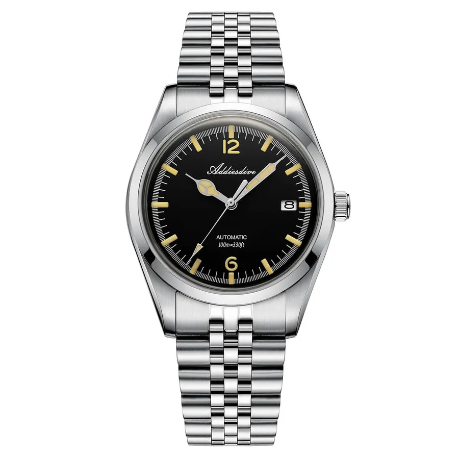 Addiesdive AD2038 with black dial, 12 and 6 numerals and cream lume, on a jubilee-style bracelet