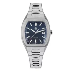 San Martin SN0145-G1 39.5mm barrel-shaped case with blue hawkeye stone dial, multi-faceted bar hands and date at 3 on bracelet