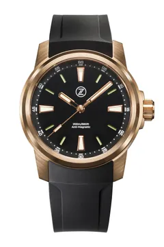 Zelos Aurora Field 42mm in bronze, black onyx dial, on black rubber strap