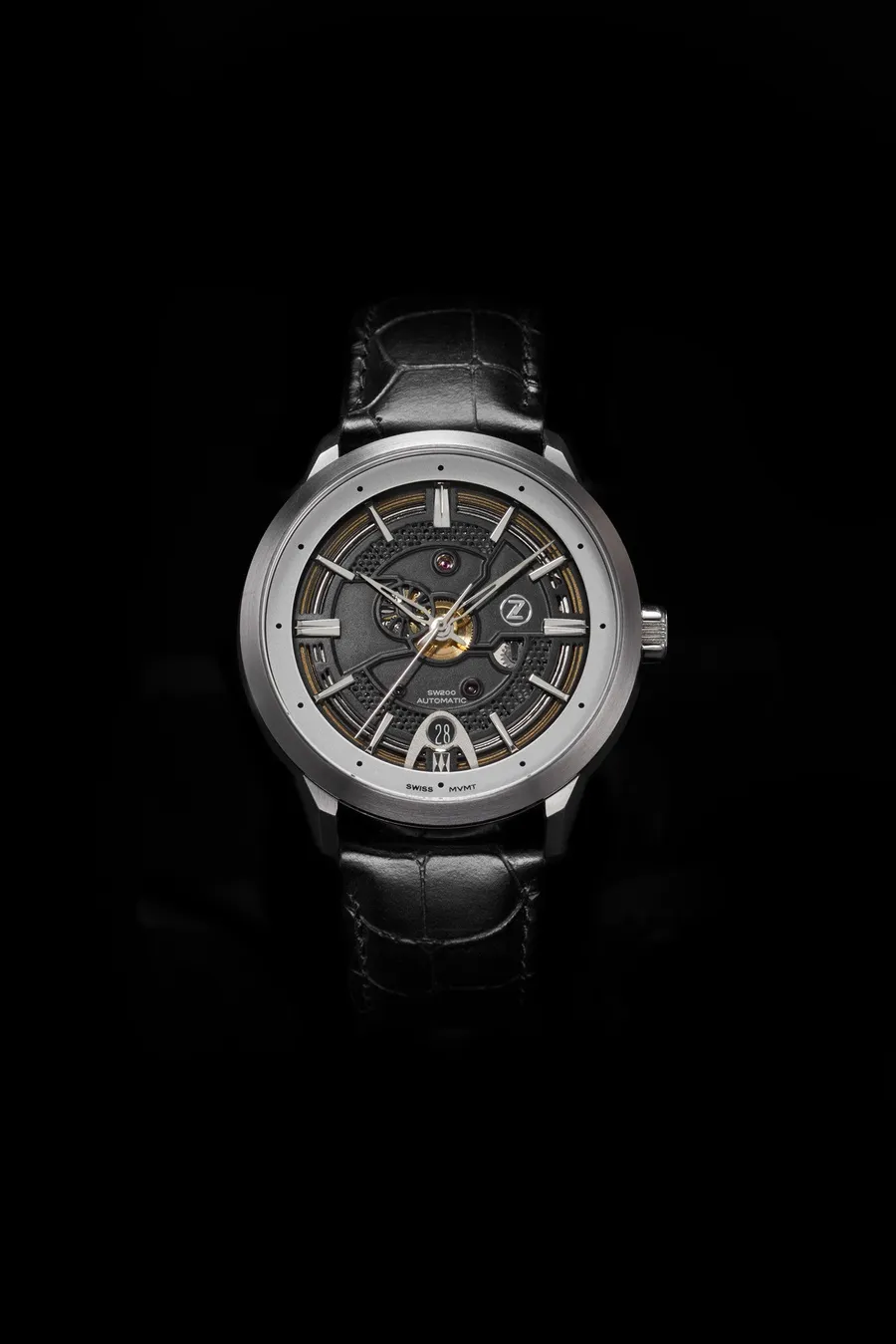 Zelos Avant A-1, steel case, black semi-skeleton dial with date at 6, on black croc-print leather strap