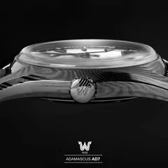 Wise Adamascus AD7 Damascus steel case profile with box sapphire crystal and signed crown