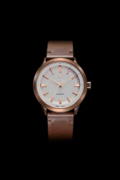 Zelos Gallant G-4, bronze case, white dial with rose-gold-tone hands and indices, on brown leather strap