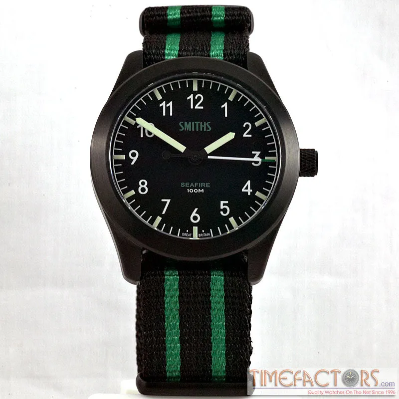 Timefactors Smiths Seafire PRS-37, black PVD case and semi-matt black aviation-instrument dial with lumed numerals, on black and green NATO strap