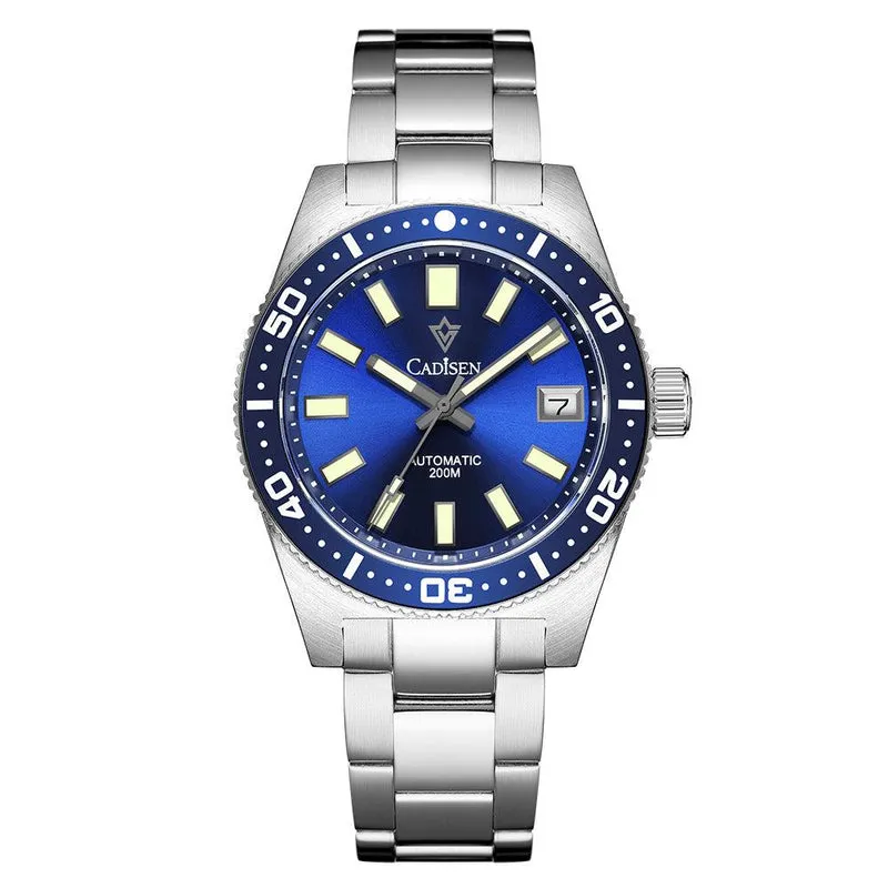 Cadisen C8207 62MAS-style diver with blue sunburst dial, blue 60-minute bezel and date at 3 on a steel bracelet