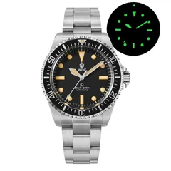 Watchdives WD5513B with matte black dial and yellow sword hands on the 3-link bracelet, with lume shot
