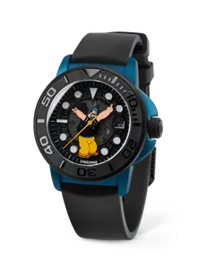 Undone Aqua Brutus with blue PVD case, black ceramic bezel and transparent Brutus dial on a black rubber strap