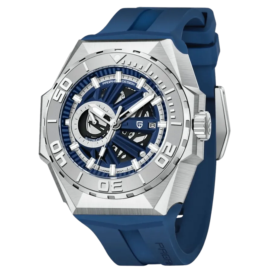 Pagani Design PD-YS007 with faceted steel case, blue open-worked dial, 24-hour subdial at 9, date at 3 and 60-minute bezel, on blue strap