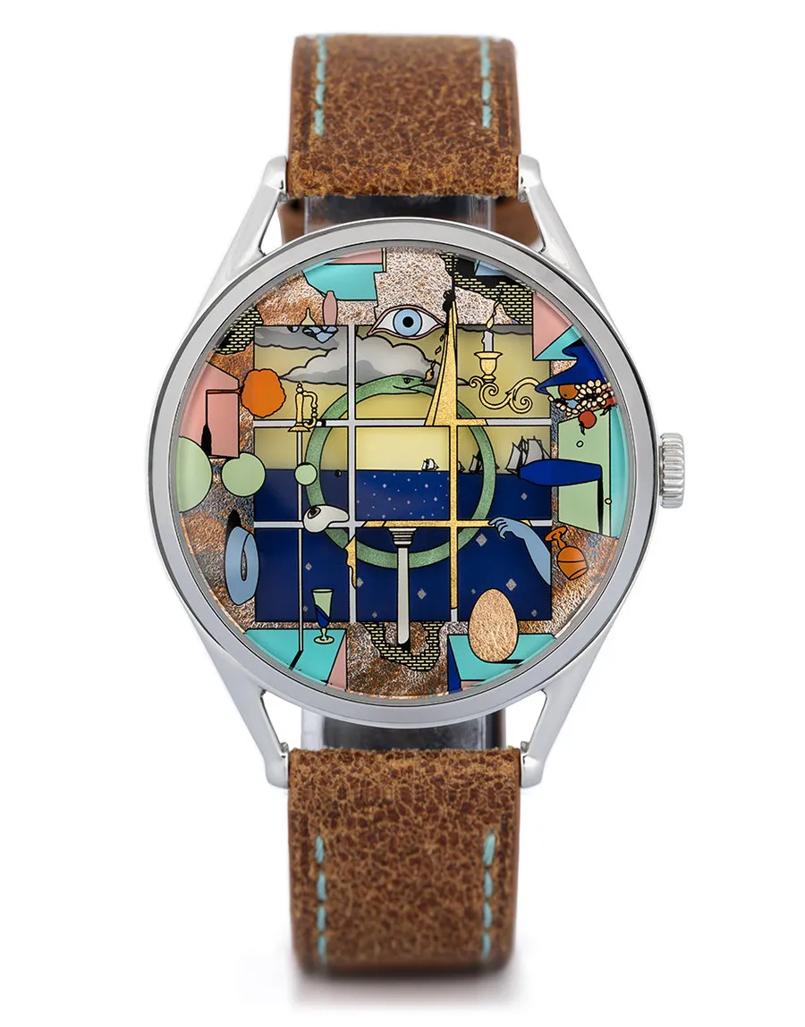 Mr Jones Chaos Window PE, gilded layered dial with a window onto a ship-lined horizon, steel case on brown goat leather, front view