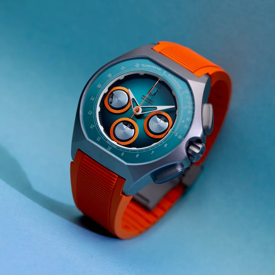 Isotope Chronograph Moonshot Horizon, cyan-blue dial, orange FKM strap