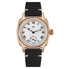 Militado ML03 with rose-gold-coloured case and white Roman-numeral dial on black leather strap
