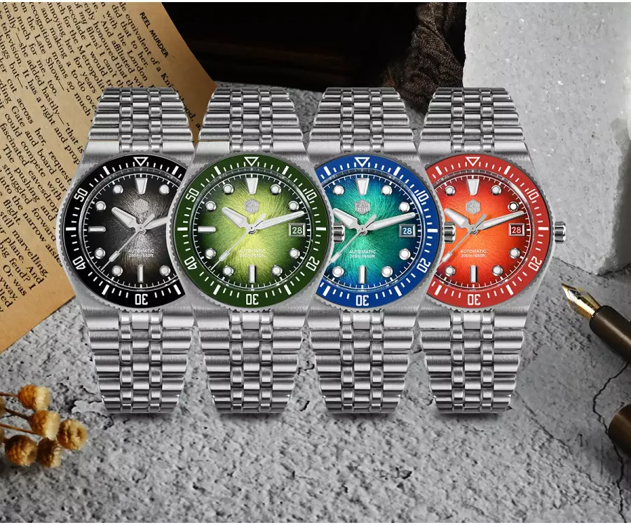 San Martin SN0148-GB 40mm divers in gradient black, green, blue and orange red on five-link bracelets