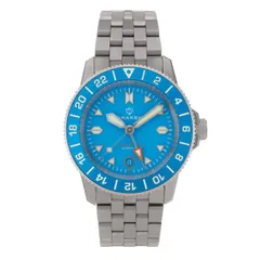 Draken Tugela GMT Super Blue with a blue dial and light blue bezel on the engineer bracelet