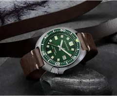 San Martin SN047-G with green sunburst dial on brown leather strap