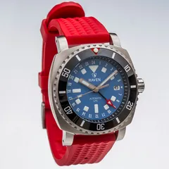 Raven Custom 42mm GMT, blue dial, three-quarter view