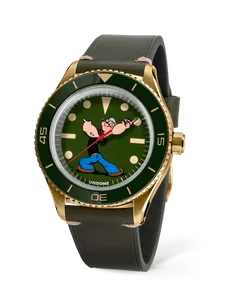 Undone Basecamp Popeye Seaweed with gold-tone case, green bezel and green Popeye dial on a green leather strap