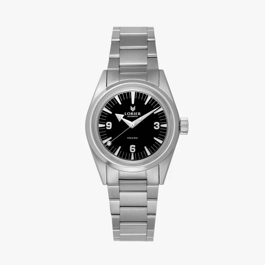 Lorier Falcon, black 3-6-9 dial, on three-link bracelet