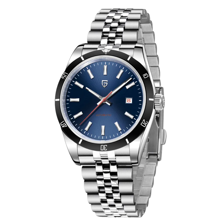 Pagani Design PD-1821 with blue sunburst dial, black 60-minute bezel and date at 3, on jubilee-style bracelet