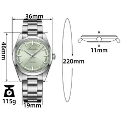 Addiesdive AD2066 with the brand's dimension callouts (36mm, 46mm, 11mm, 19mm, 115g)