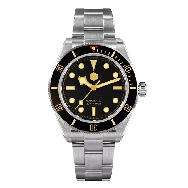San Martin SN008-G-B with matte black dial, gilt snowflake hands and black bezel on bracelet