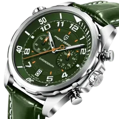 Pagani Design PD-1811 green dial close-up, 60-minute counter at 9, 24-hour indicator at 3 and date at 6