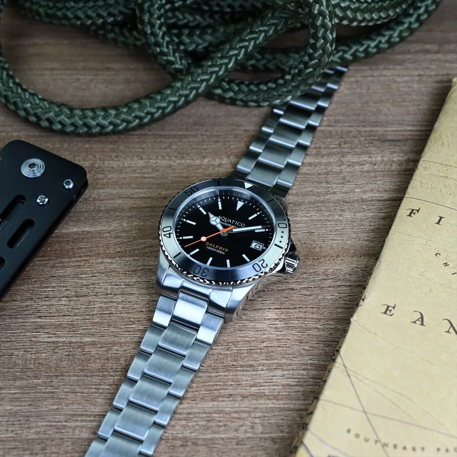 Aquatico Dolphin with black dial, steel 12-hour bezel and date at 3, on the steel bracelet