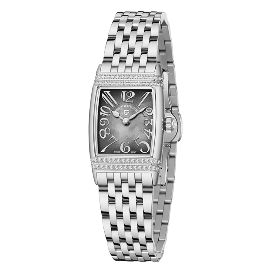 Pagani Design PD-1737 rectangular women's watch with gray dial, stone-set case and steel bracelet