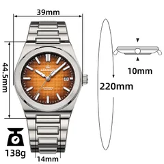 AddiesKIN K004 dimension graphic (39mm, 44.5mm lug-to-lug, 10mm, 14mm, 220mm, 138g)