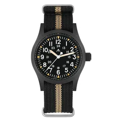 Militado ML05 (VH31) in black PVD with black field dial and broad-arrow logo on black nylon strap with a khaki stripe