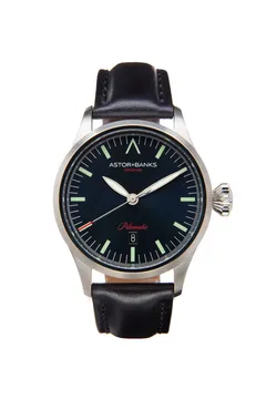 Astor+Banks Pilomatic B, navy sunray dial with green lume markers, on dark leather strap