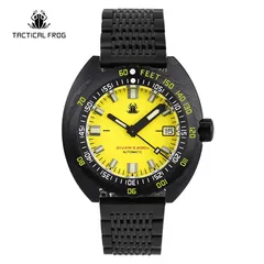 Tactical Frog Sub 300T V2 with yellow dial and black PVD case on black mesh bracelet