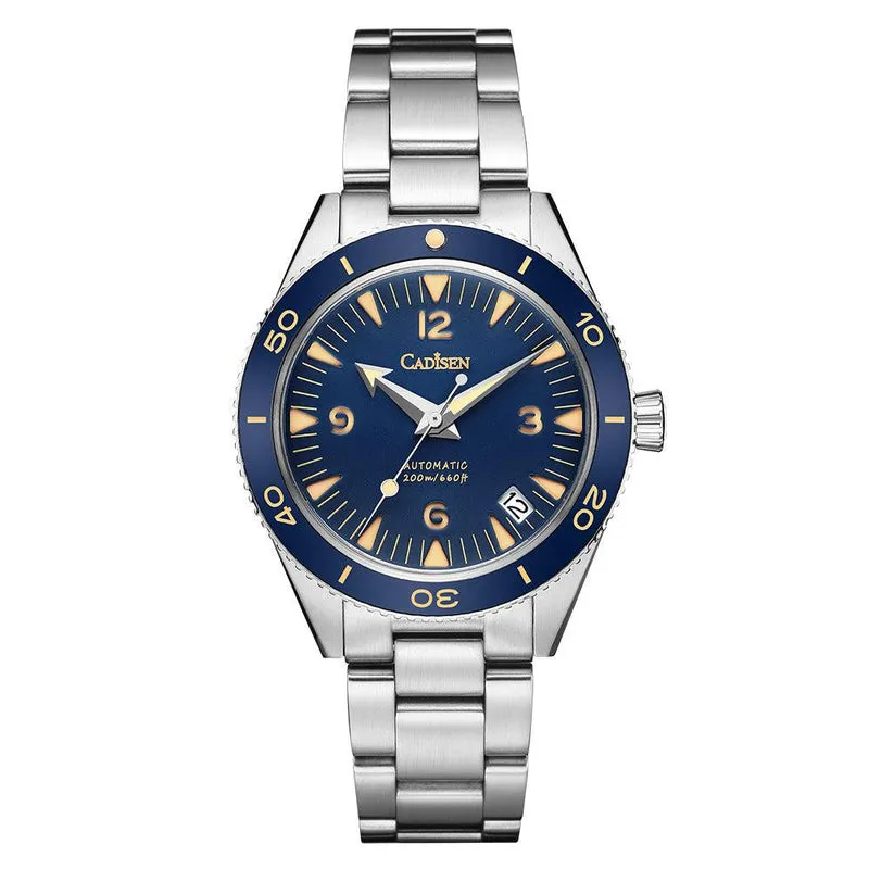 Cadisen C8208 Seamaster 300-style diver with blue dial, gilt numerals, blue 60-minute bezel and date at 6 on a steel bracelet