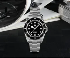 San Martin SN006-G-2 with black dial and snowflake hands on bracelet