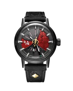 Undone hololive 6th fes. Color Rise Harmony Houshou Marine watch with black-coated case and dark grey dial with red sectors on a black leather strap