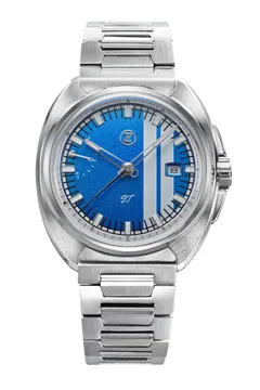 Zelos GT 40mm Cobalt, blue metal-flake dial with white racing stripes, on steel bracelet
