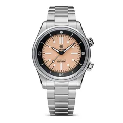 Traska Seafarer, orange semi-matte dial with black hands, on bracelet, front view