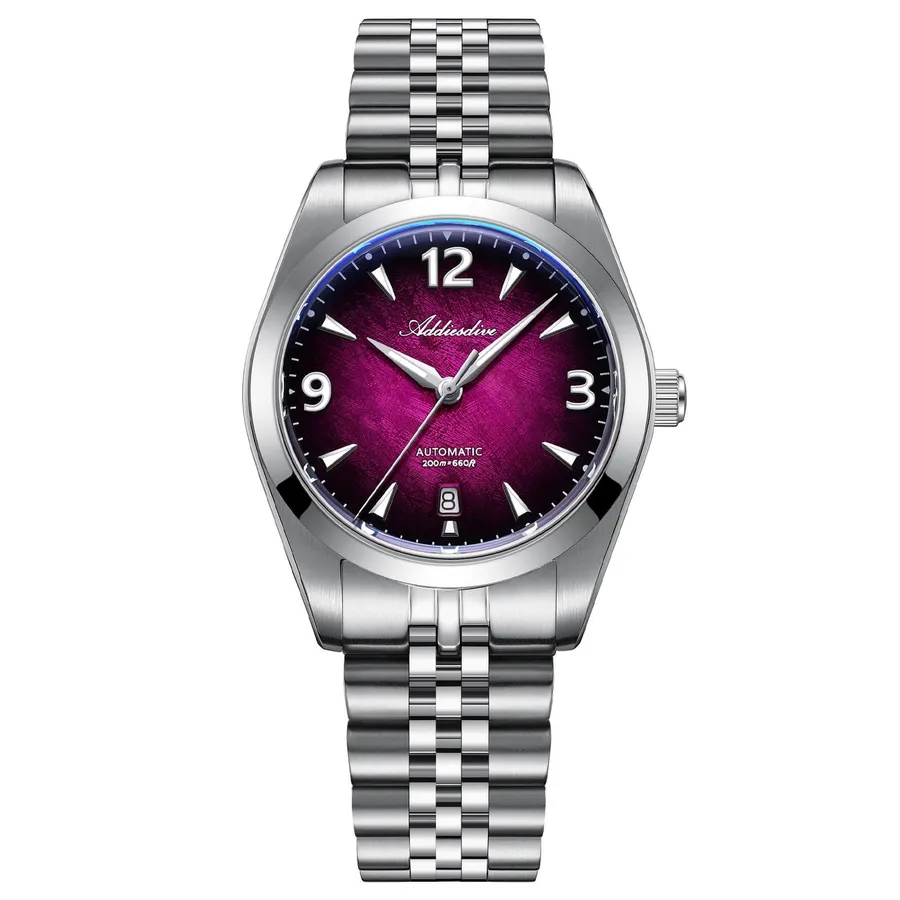 Addiesdive AD2560 "Luminara" with purple textured gradient dial, 12-3-9 numerals and five-link bracelet