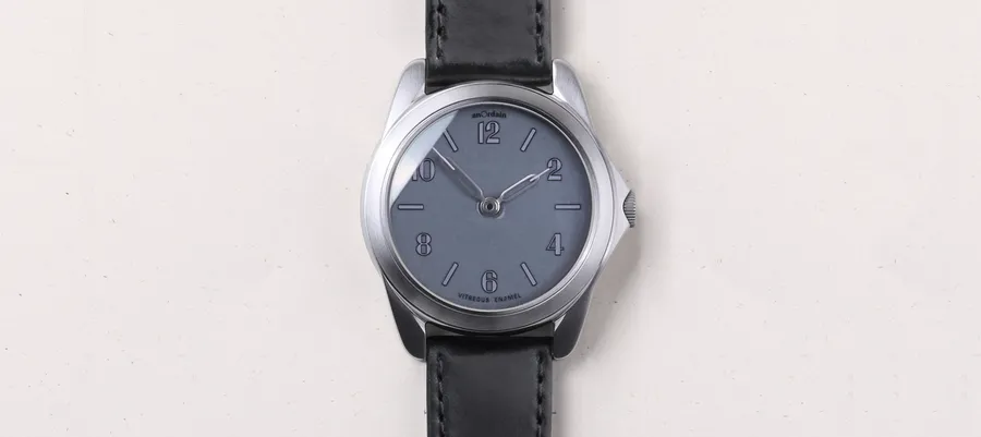 anOrdain Model 2 mkI Grey, grey vitreous enamel dial with two hands, on black shell cordovan strap