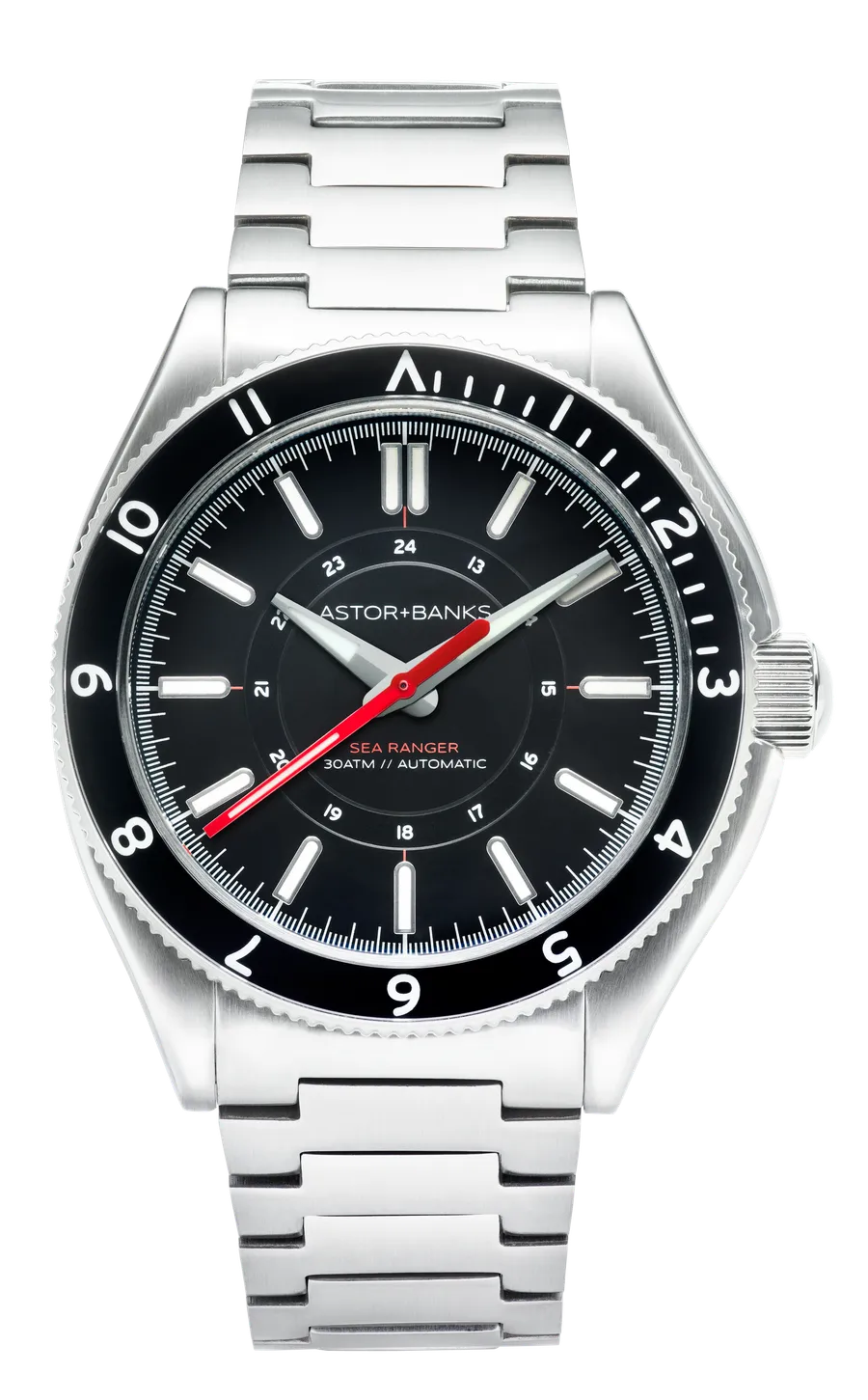 Astor+Banks Sea Ranger, black dial, black 12-hour bezel, on steel bracelet