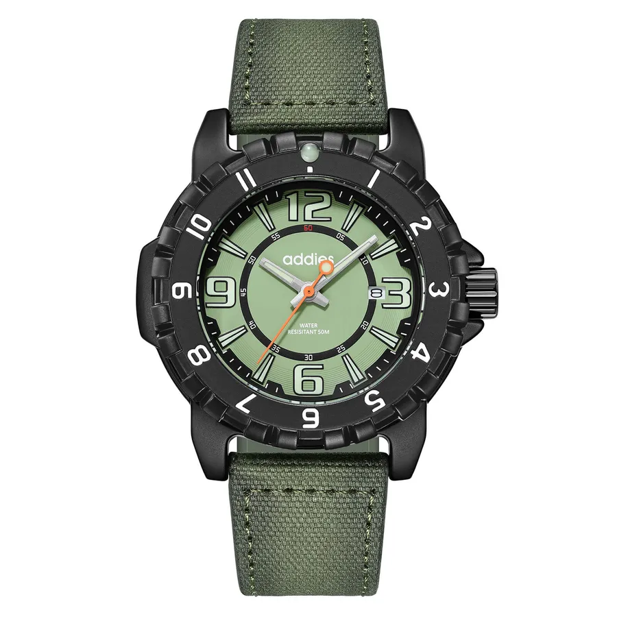 Addies MY-057 with black case and bezel, green dial with large lumed numerals and a green fabric strap