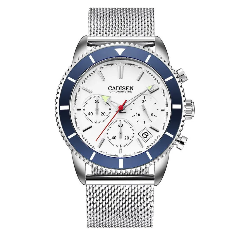 Cadisen C9067M quartz multifunction with white dial, three subdials, date at 4:30 and blue coin-edge bezel on a steel mesh bracelet