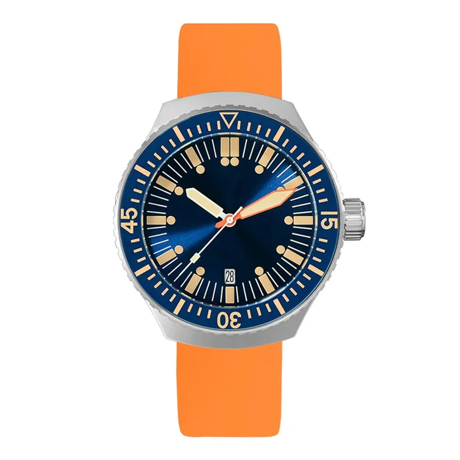San Martin SN039 43mm diver with dark blue dial, date at 6 and orange rubber strap