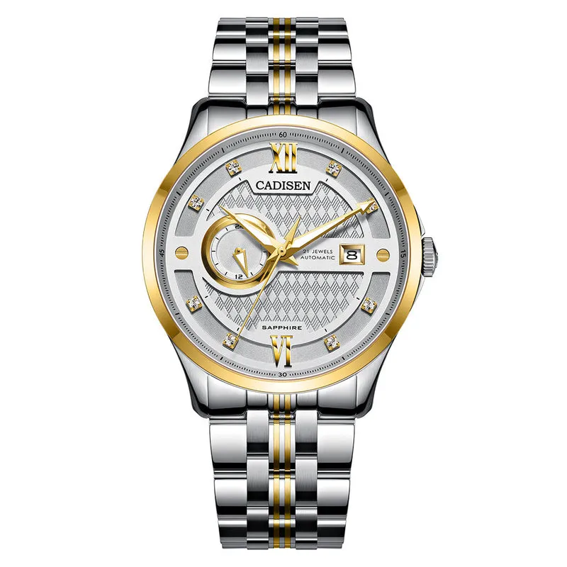 Cadisen C8123 automatic with white textured dial, 24-hour subdial and date in two-tone steel and gold-tone