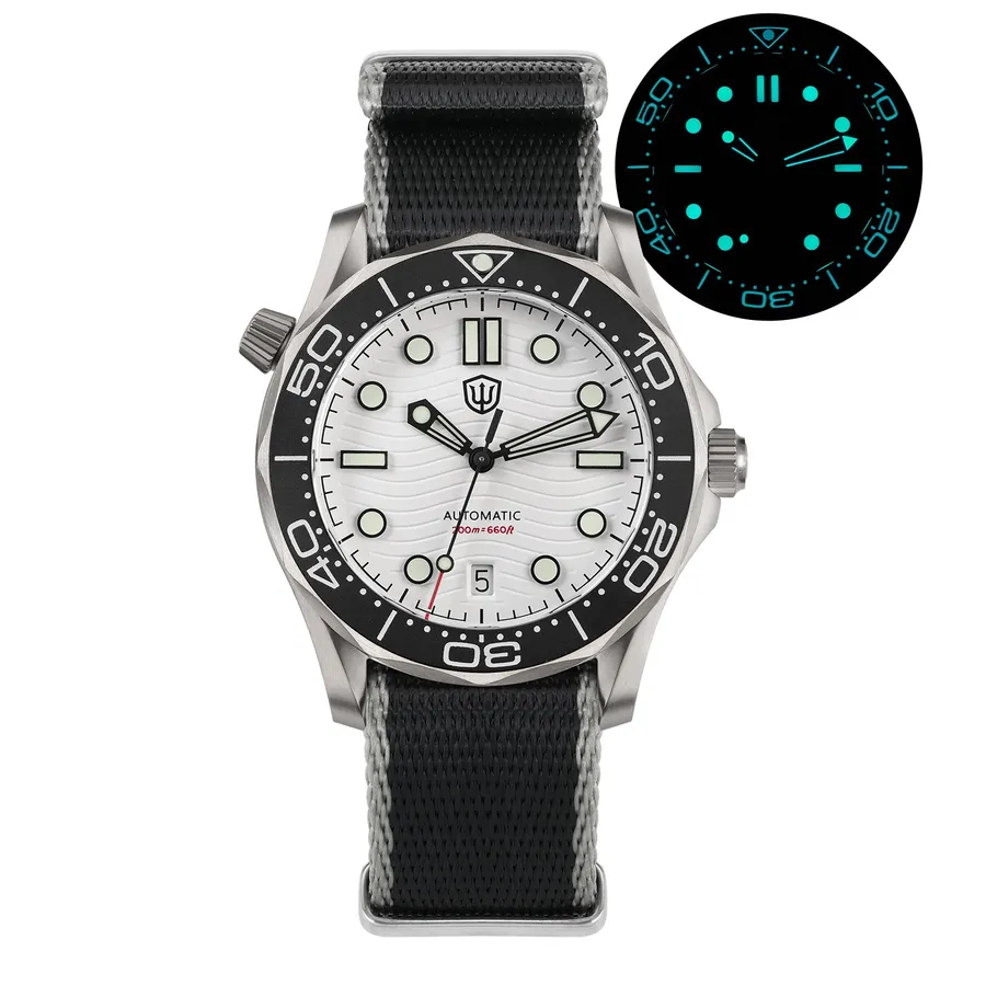 Watchdives WD007 39mm with white wave dial and date at 6 on nylon strap