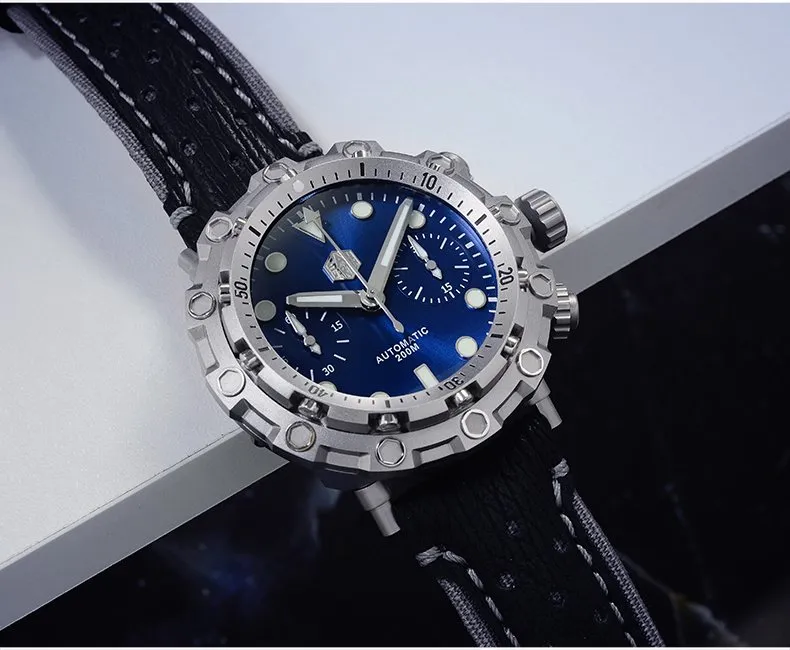 San Martin SN0025-JS 45mm titanium chronograph diver with blue sunburst dial